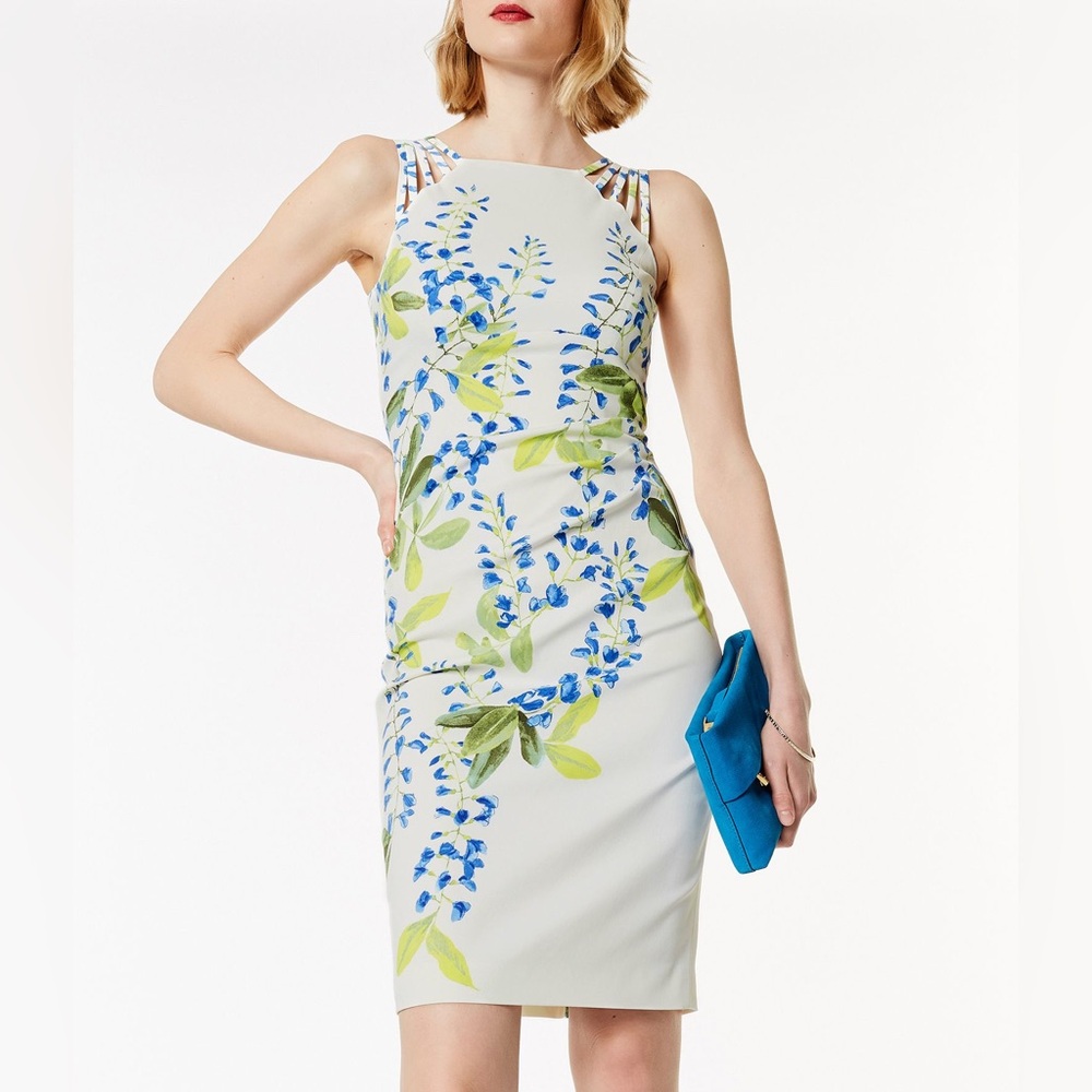 Karen Millen White Ivory Floral Wisteria Print Strappy Sheath Dress size 8